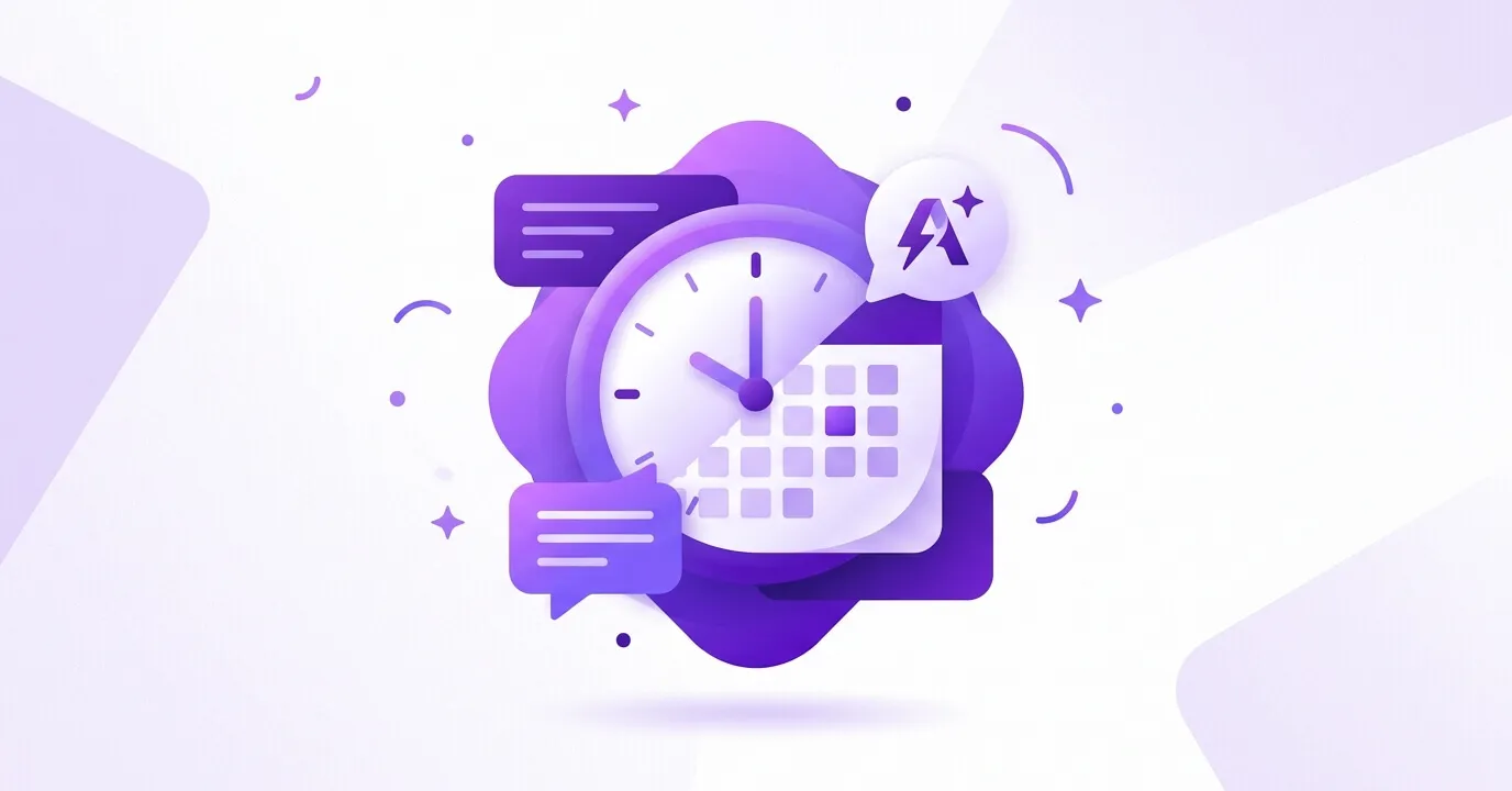 Ilustración abstracta en tonos violeta que representa la automatización de citas mediante IA: un reloj y un calendario integrados con burbujas de chat para la gestión eficiente de reservas.