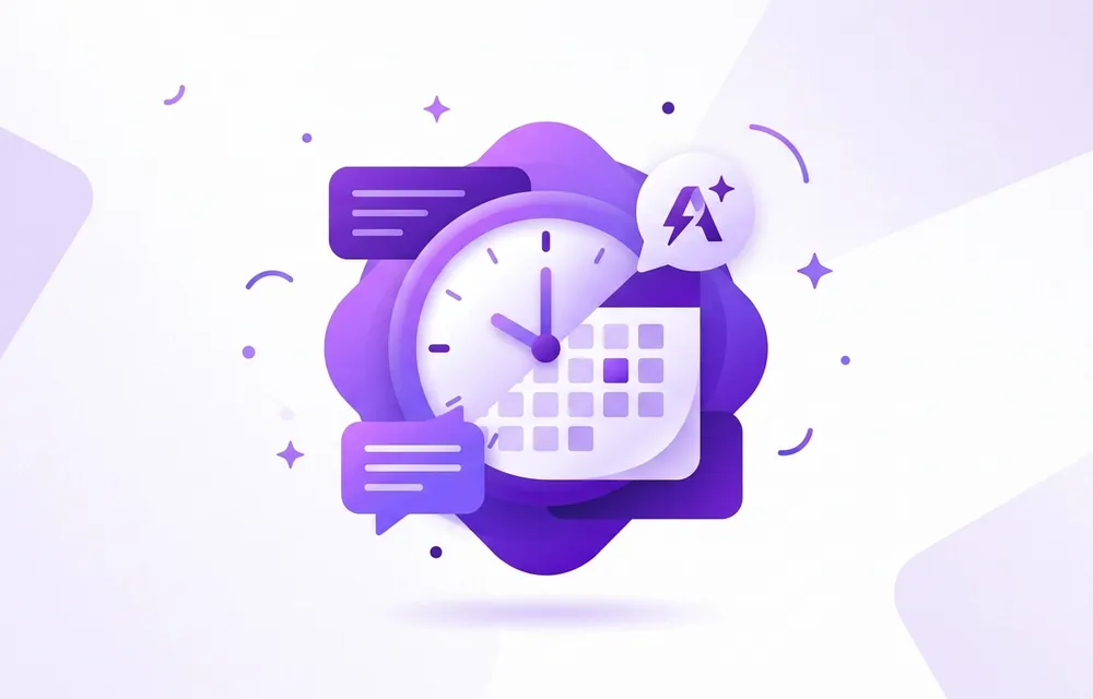 Ilustración abstracta en tonos violeta que representa la automatización de citas mediante IA: un reloj y un calendario integrados con burbujas de chat para la gestión eficiente de reservas.