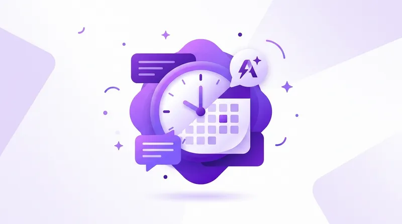 Ilustración abstracta en tonos violeta que representa la automatización de citas mediante IA: un reloj y un calendario integrados con burbujas de chat para la gestión eficiente de reservas.