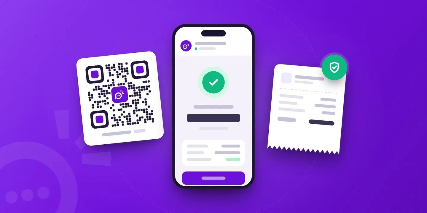 Ilustración de un código QR de cobro, un celular con el pago confirmado y un comprobante con sello verde de verificación.
