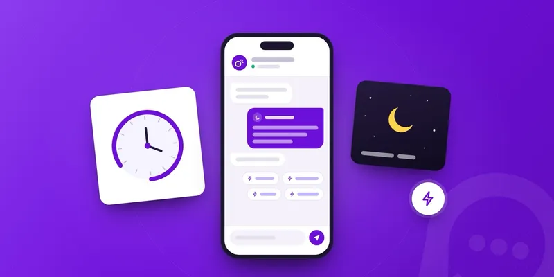 Ilustración de un reloj de horario de atención, un chat con una respuesta automática y respuestas rápidas, y una tarjeta de noche con la luna.