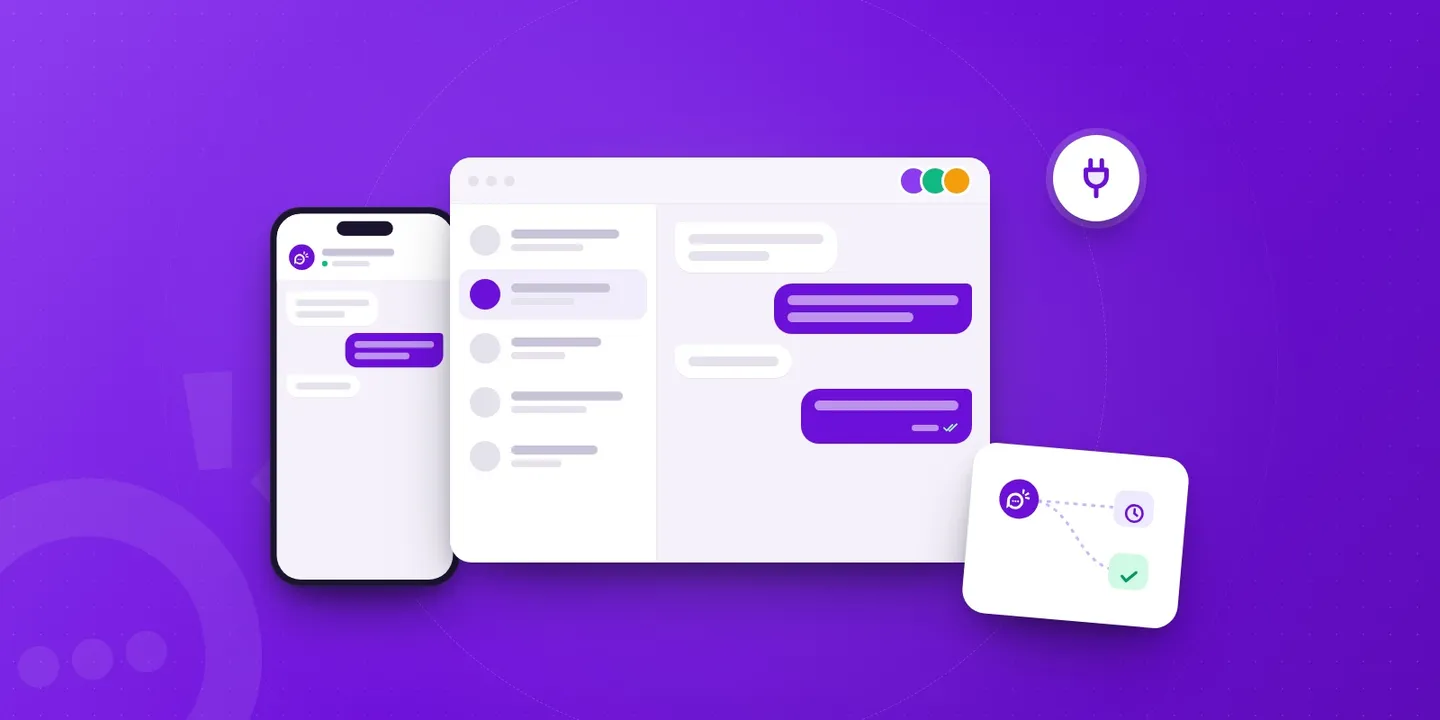 Ilustración de un celular con WhatsApp junto a una bandeja de chats compartida en el computador, conectados por la API, con un flujo hacia la agenda y la confirmación.