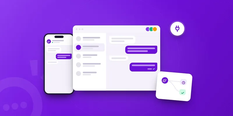 Ilustración de un celular con WhatsApp junto a una bandeja de chats compartida en el computador, conectados por la API, con un flujo hacia la agenda y la confirmación.